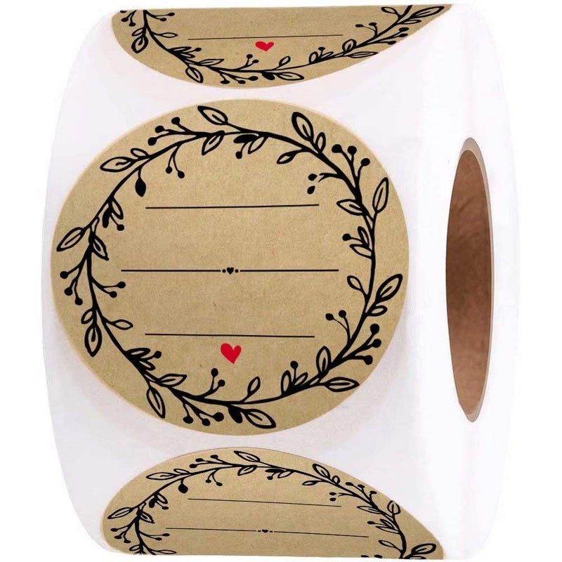 BATTOO 2 Inch Wreath Design with 3 Lines for Writing (500 Labels per roll) Natural Brown Kraft Stickers for Canning Labels Jar, Store Owners, Crafts, Organizing, Gift, Price Tags, Weddings, Baby Showers - Image 1